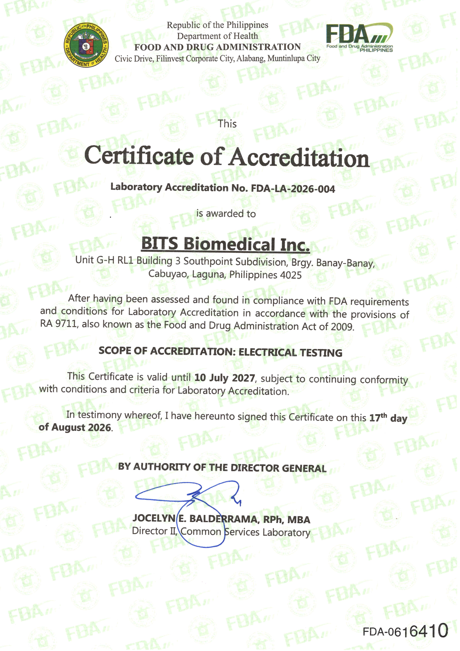 BITS-Biomedical-FDA-Certificate